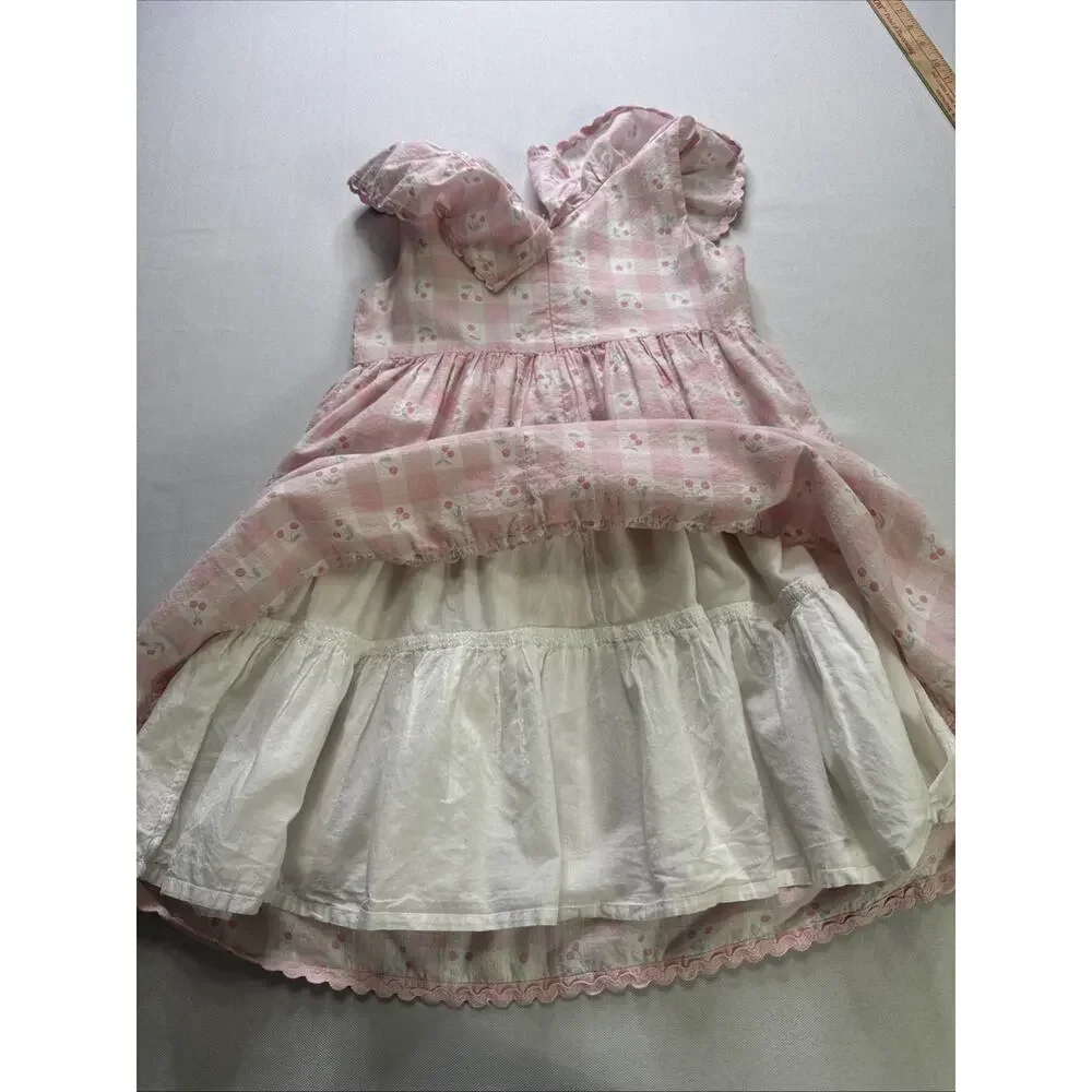 Catherine Malandrino Girls Size 8 Pink Gingham Cherry Dress Ruffle Cottagecore